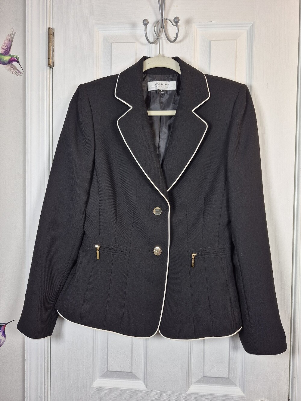 TAHARI Arthur S. Levin Black White Piping Tailored Career Office Blazer 4 - Picture 2 of 7